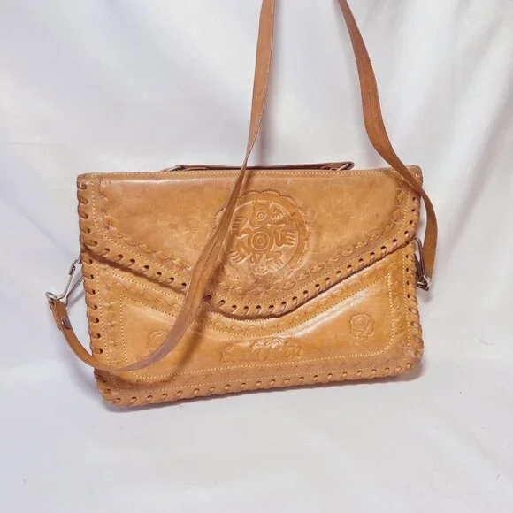 Costa Rica Leather Vintage Shoulder/Crossbody Bag-Removable Strap-Camel/Tan-Rose - Picture 3 of 15